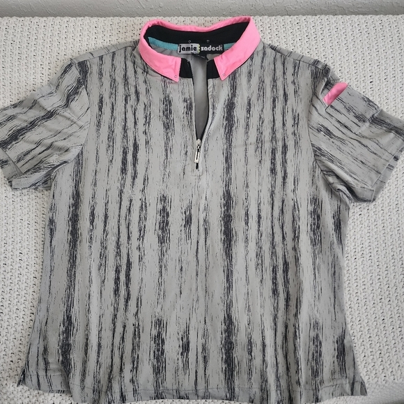 JAMIE SADOCK GRAY BLACK PINK TRIM 1/4 ZIP POLO WOMEN SHIRT SIZE LARGE - Picture 1 of 4